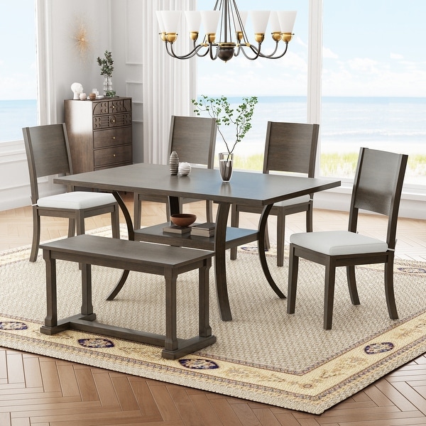 NINEDIN 6 Piece Dining Room Rectangular Table Chair Set with Storage Shelf Wood Bench 4 Removable Cushions Dining Chairs Grey Brown